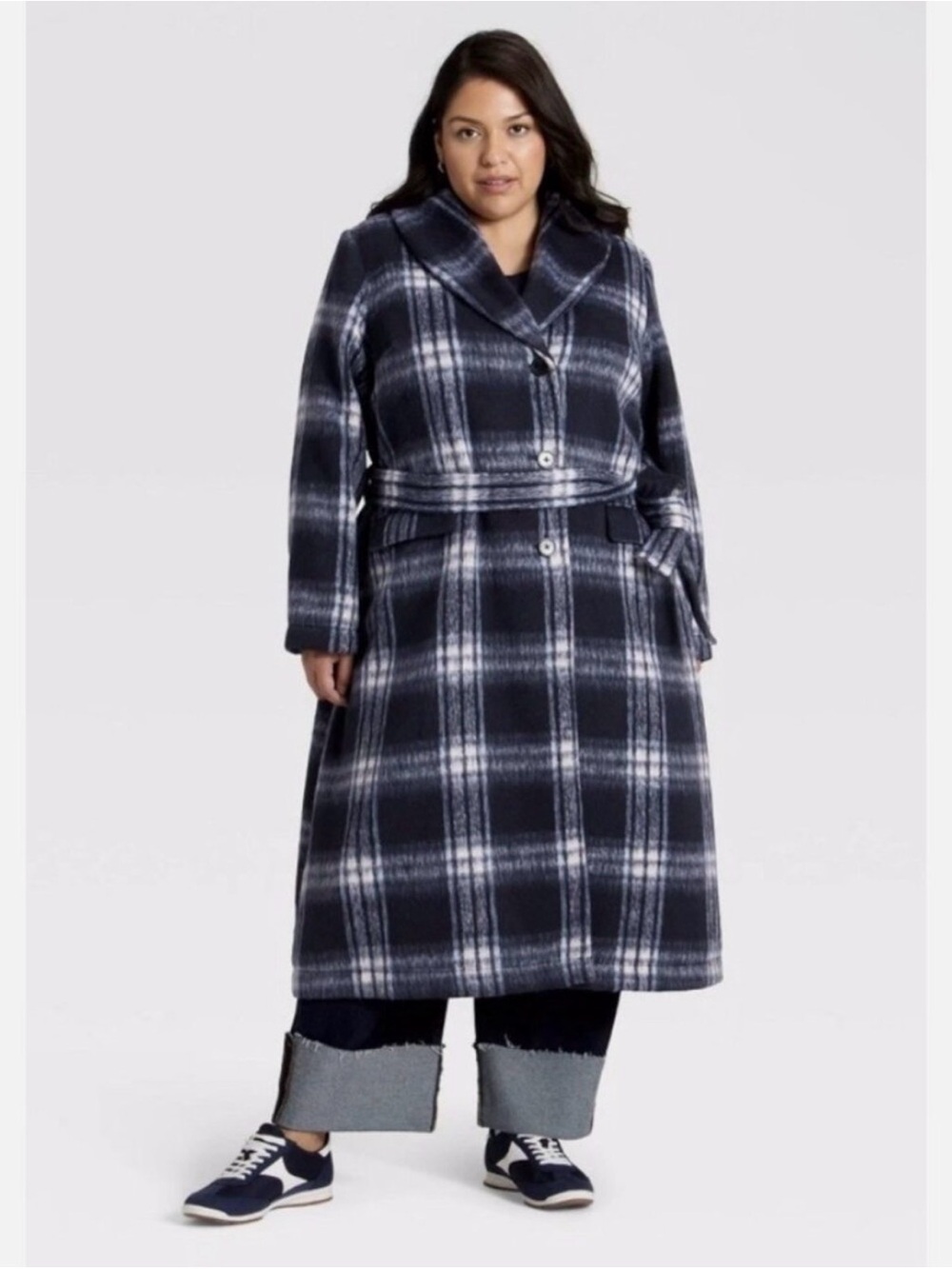Ava & Viv Women’s Plus 1X Navy Blue Plaid Belted Long Fall Winter Academia Coat